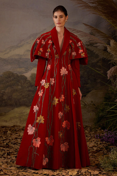 Red Velvet Lapel-Neck Floor-Length Gown