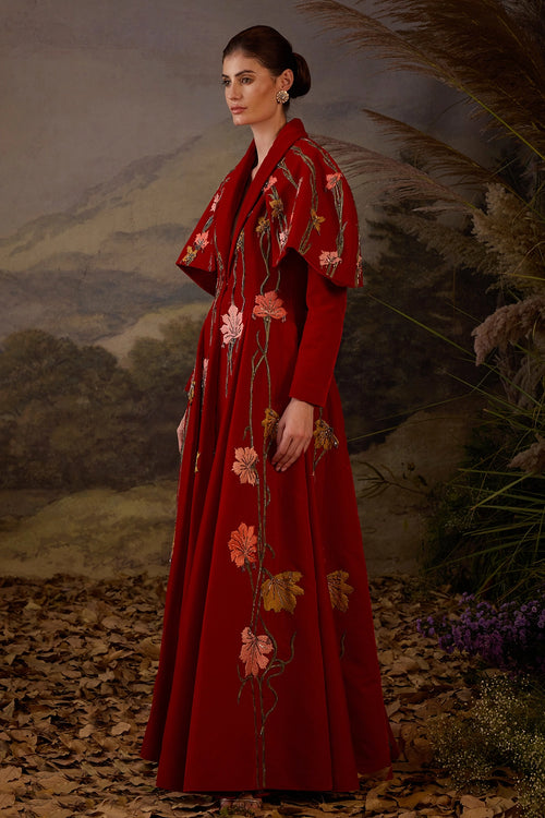 Red Velvet Lapel-Neck Floor-Length Gown
