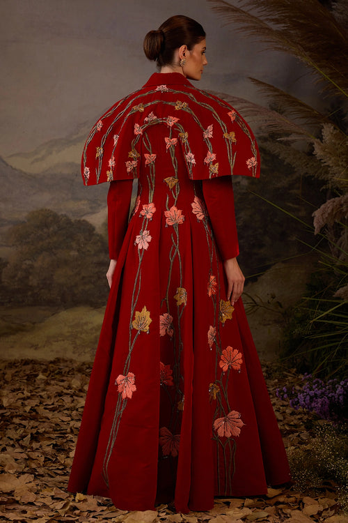 Red Velvet Lapel-Neck Floor-Length Gown