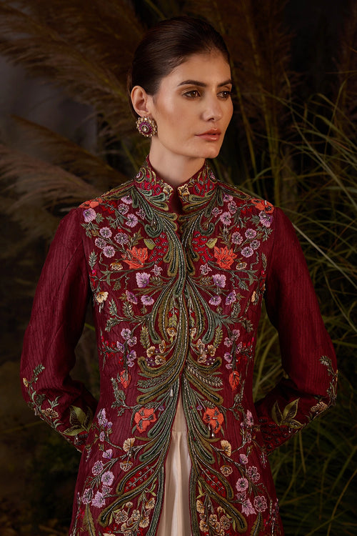 Maroon Jacket with Off-Shoulder Ruffle Dress