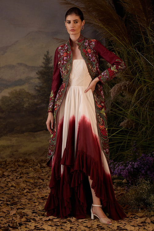 Maroon Jacket with Off-Shoulder Ruffle Dress