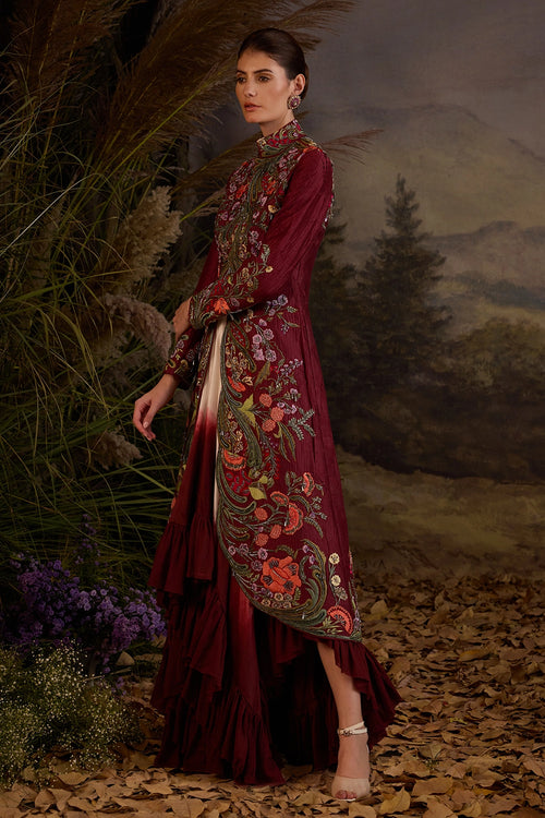 Maroon Jacket with Off-Shoulder Ruffle Dress