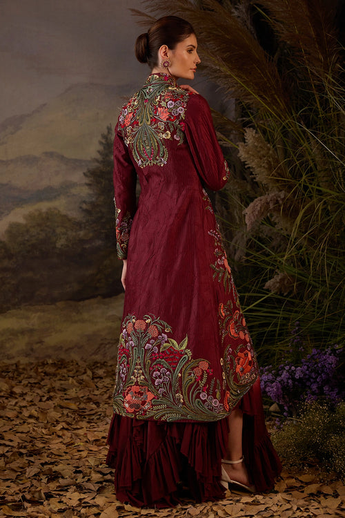 Maroon Jacket with Off-Shoulder Ruffle Dress