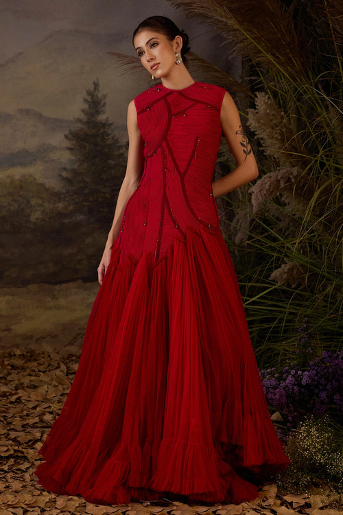 Red Textured Embroidered High-Low Gown