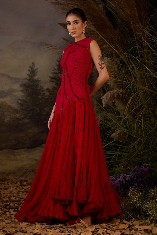Red Textured Embroidered High-Low Gown