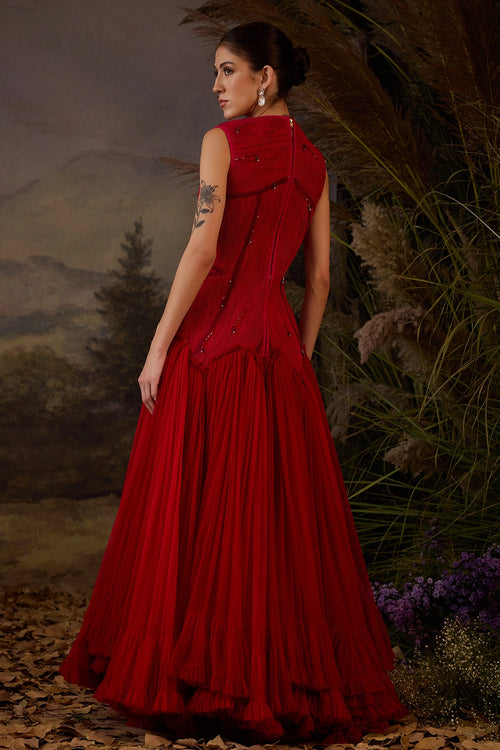 Red Textured Embroidered High-Low Gown