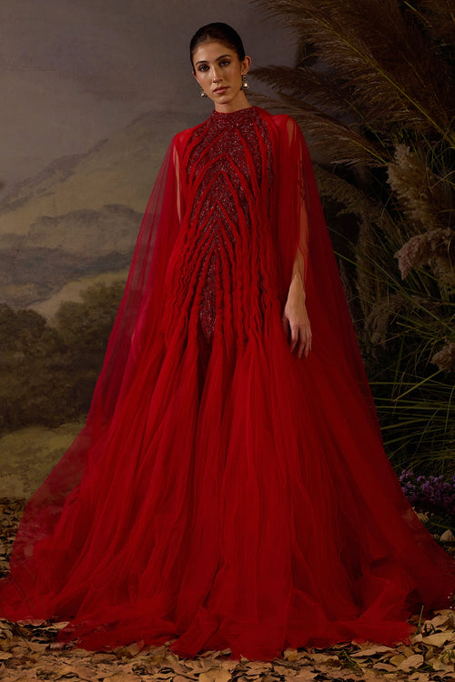 Red Pleated Texture Gown