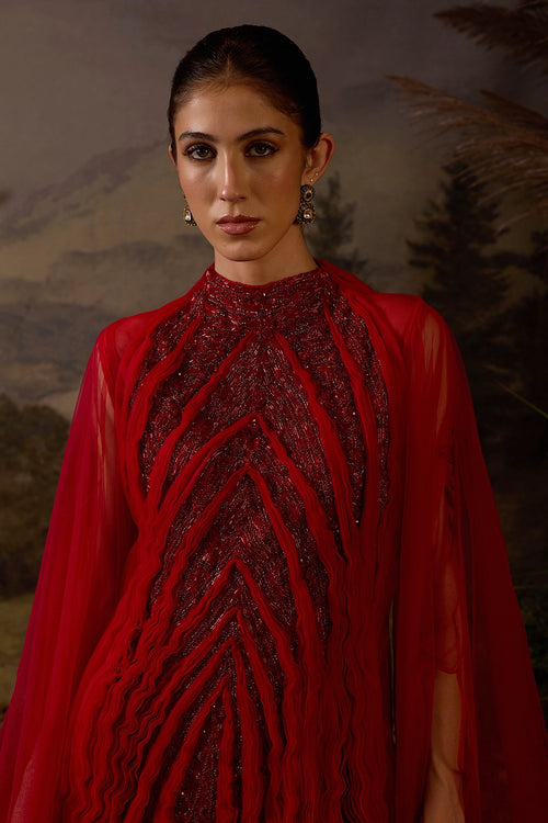 Red Pleated Texture Gown