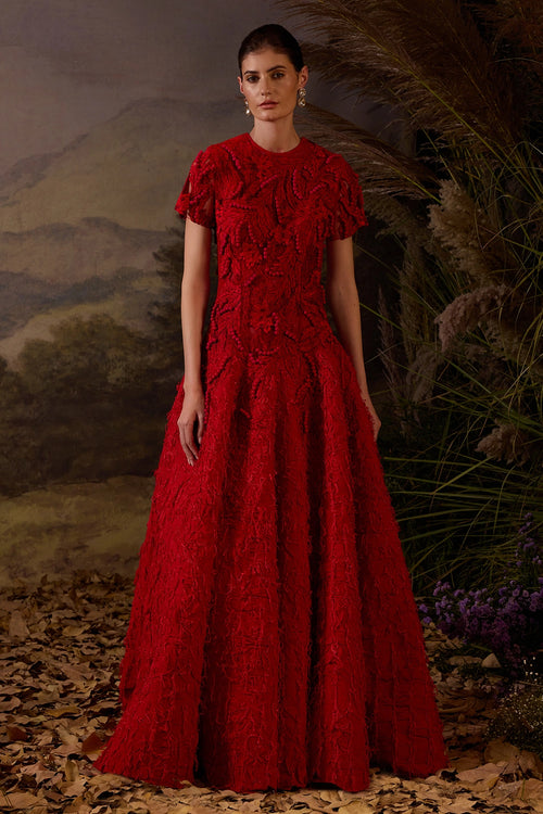 Red Embroidered Floor-Length Gown with 3D Detailing