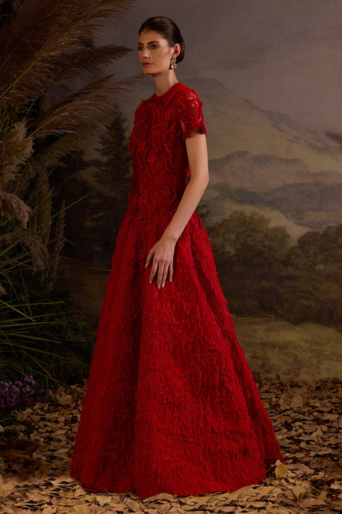 Red Embroidered Floor-Length Gown with 3D Detailing