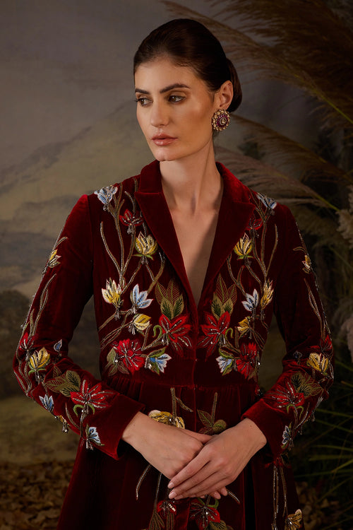 Maroon Embroidered Jacket Gown