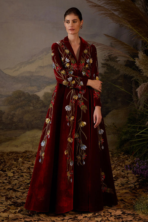 Maroon Embroidered Jacket Gown