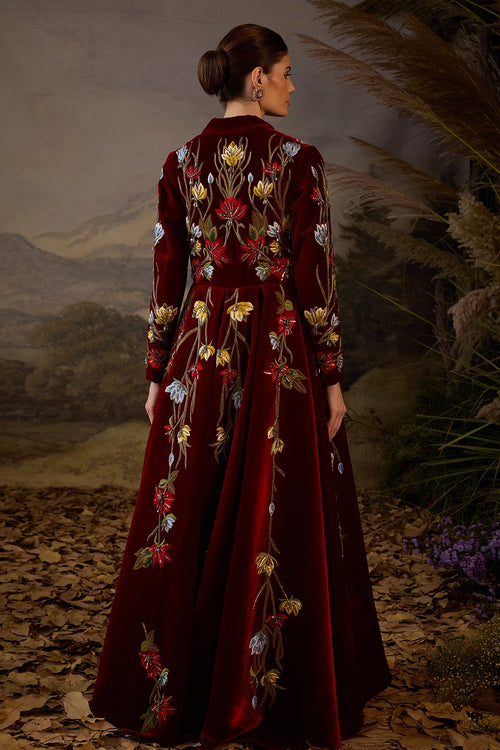 Maroon Embroidered Jacket Gown