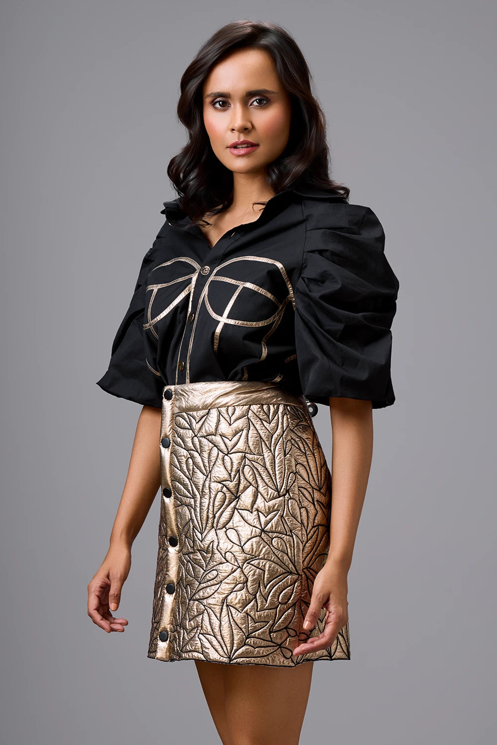 Golden Leaf Puff-Sleeve Shirt with Skirt