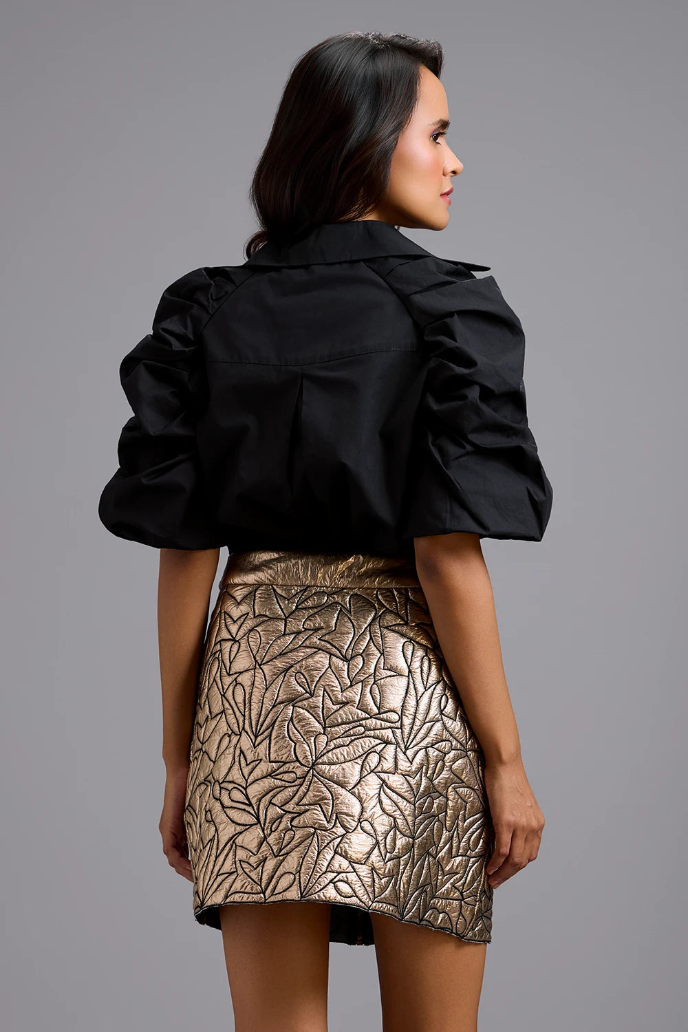 Golden Leaf Puff-Sleeve Shirt with Skirt