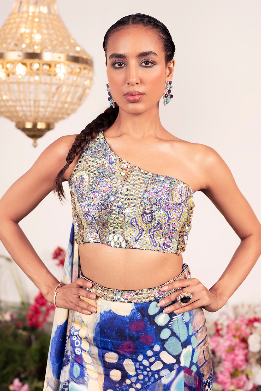 Indigo Ink Lehenga with One Shoulder Blouse