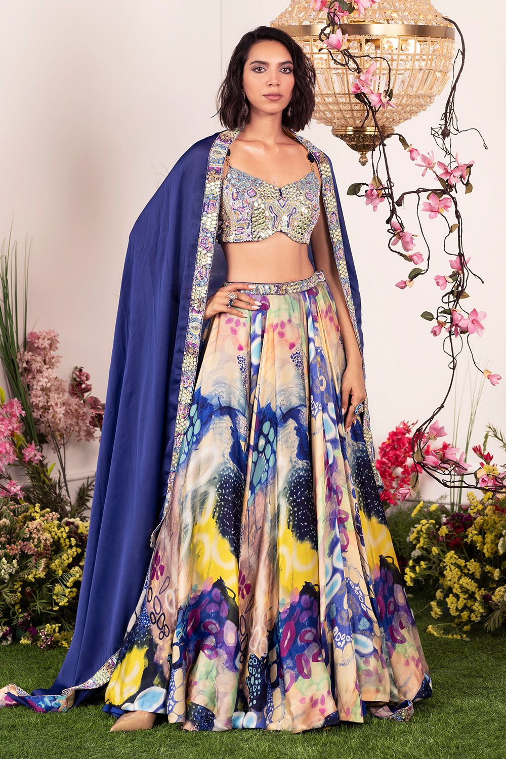 Indigo Ink Lehenga with Embellished Corset and Dupatta