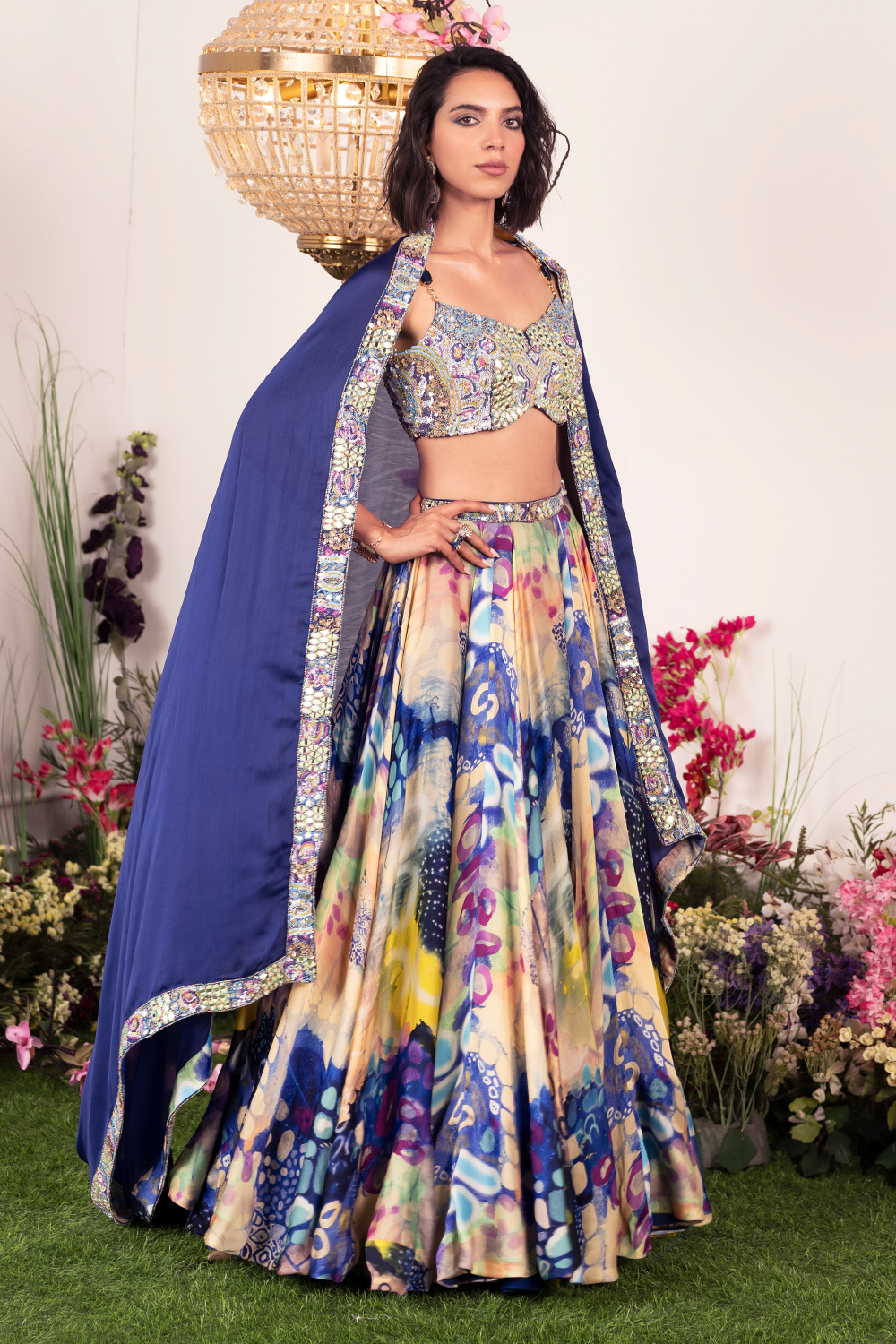 Indigo Ink Lehenga with Embellished Corset and Dupatta