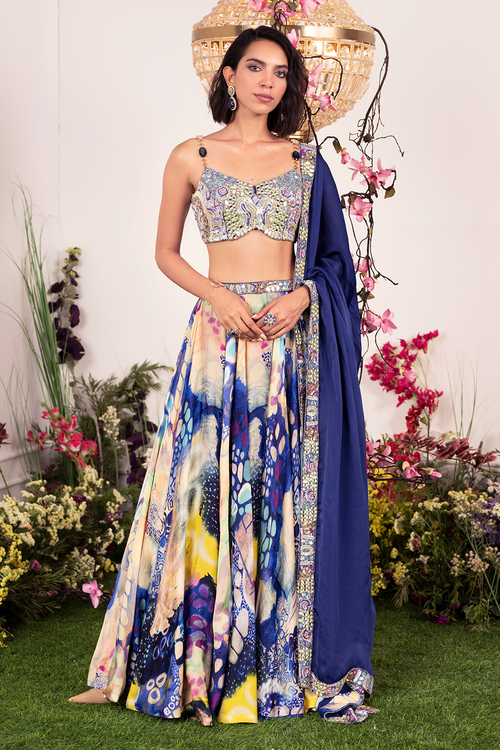 Indigo Ink Lehenga with Embellished Corset and Dupatta