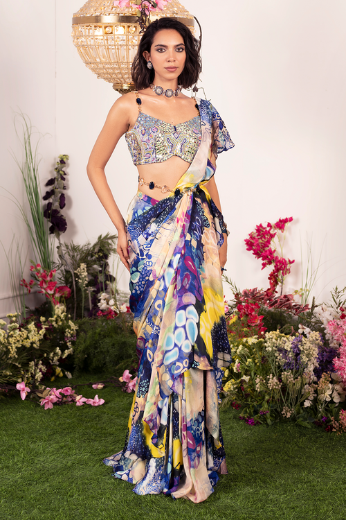 Indigo Ink Cowl Ruffle Saree with Embellished Corset