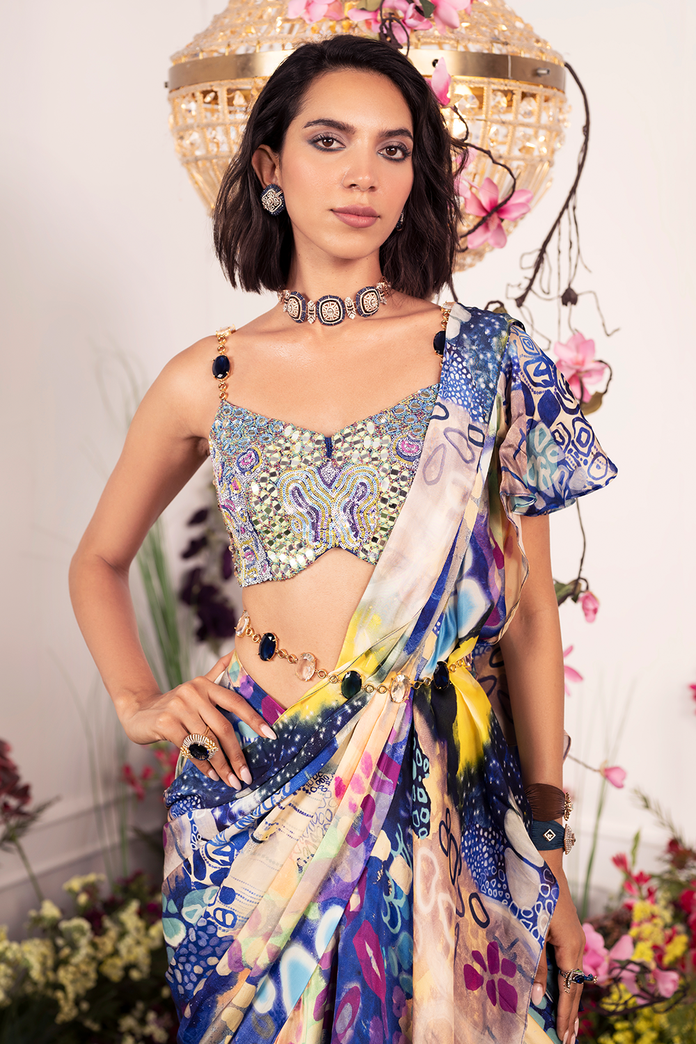 Indigo Ink Cowl Ruffle Saree with Embellished Corset