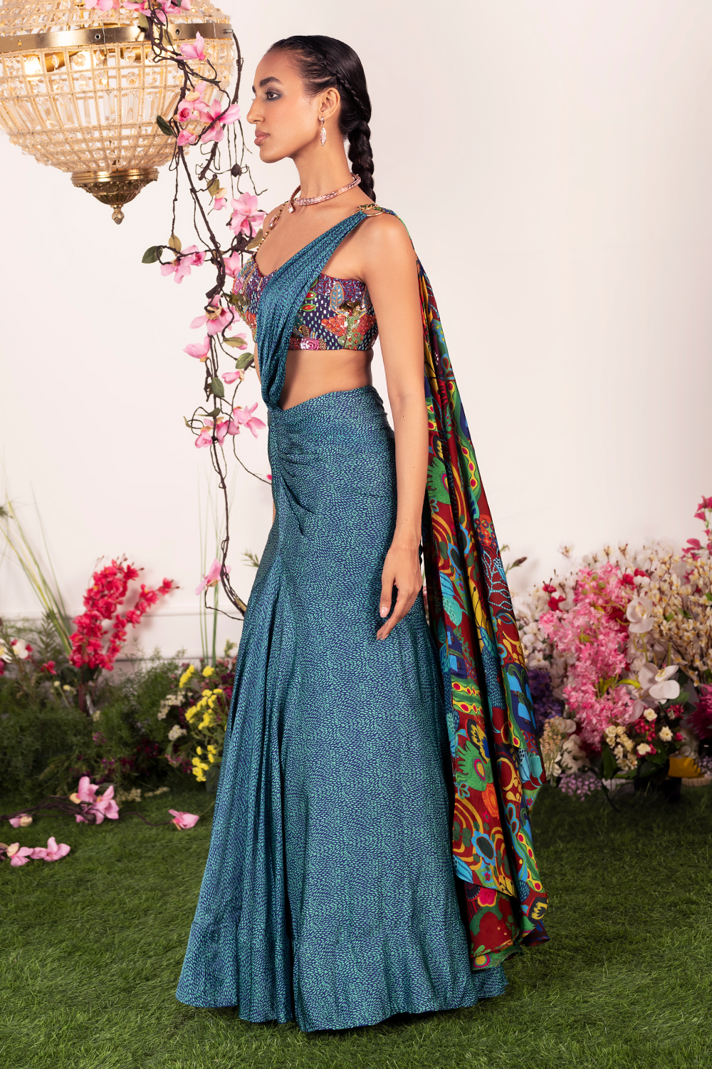 Sea Saree with Embellished Corset