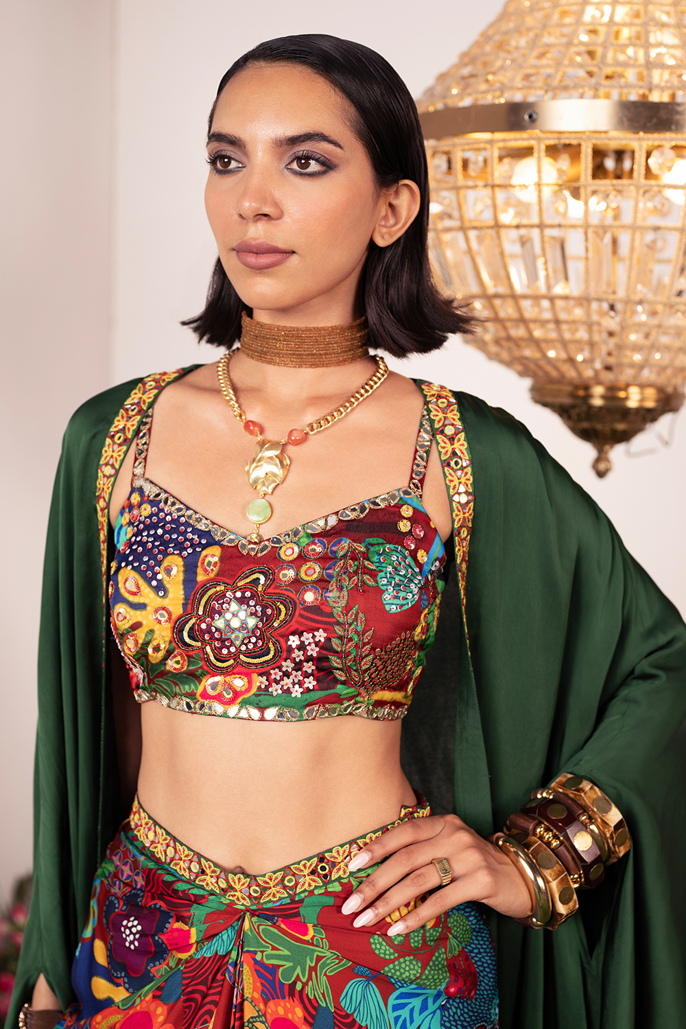 Crimson Dhoti and  Bralette with Cape