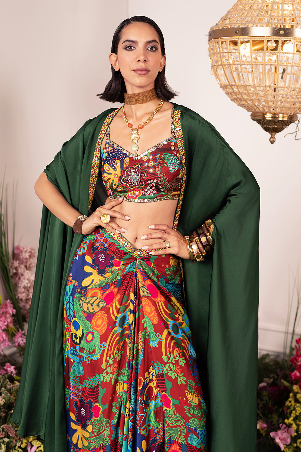 Crimson Dhoti and  Bralette with Cape