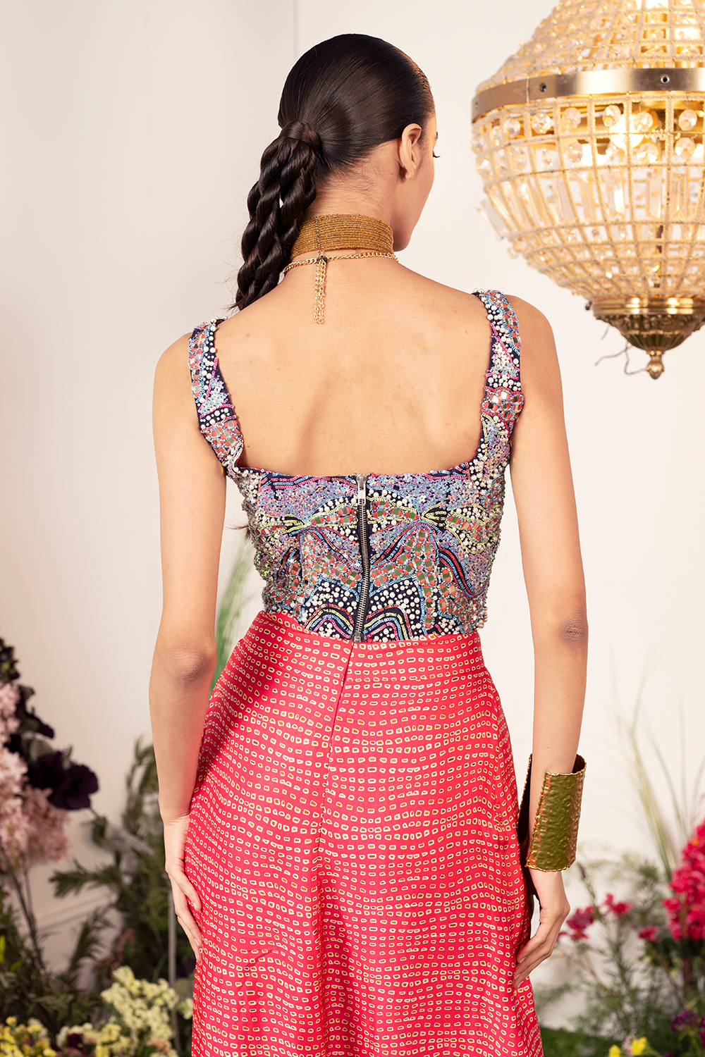 Embellished Corset with Coral Skirt