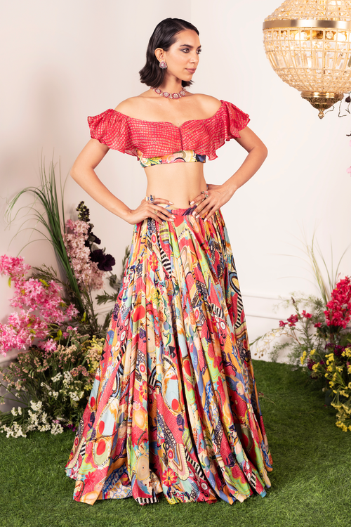Frenzy Lehenga with Ruffle Coral Blouse
