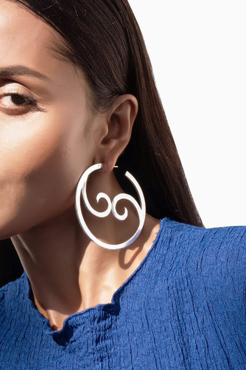 Yin Yang Wave Hoops  Large Silver Tone