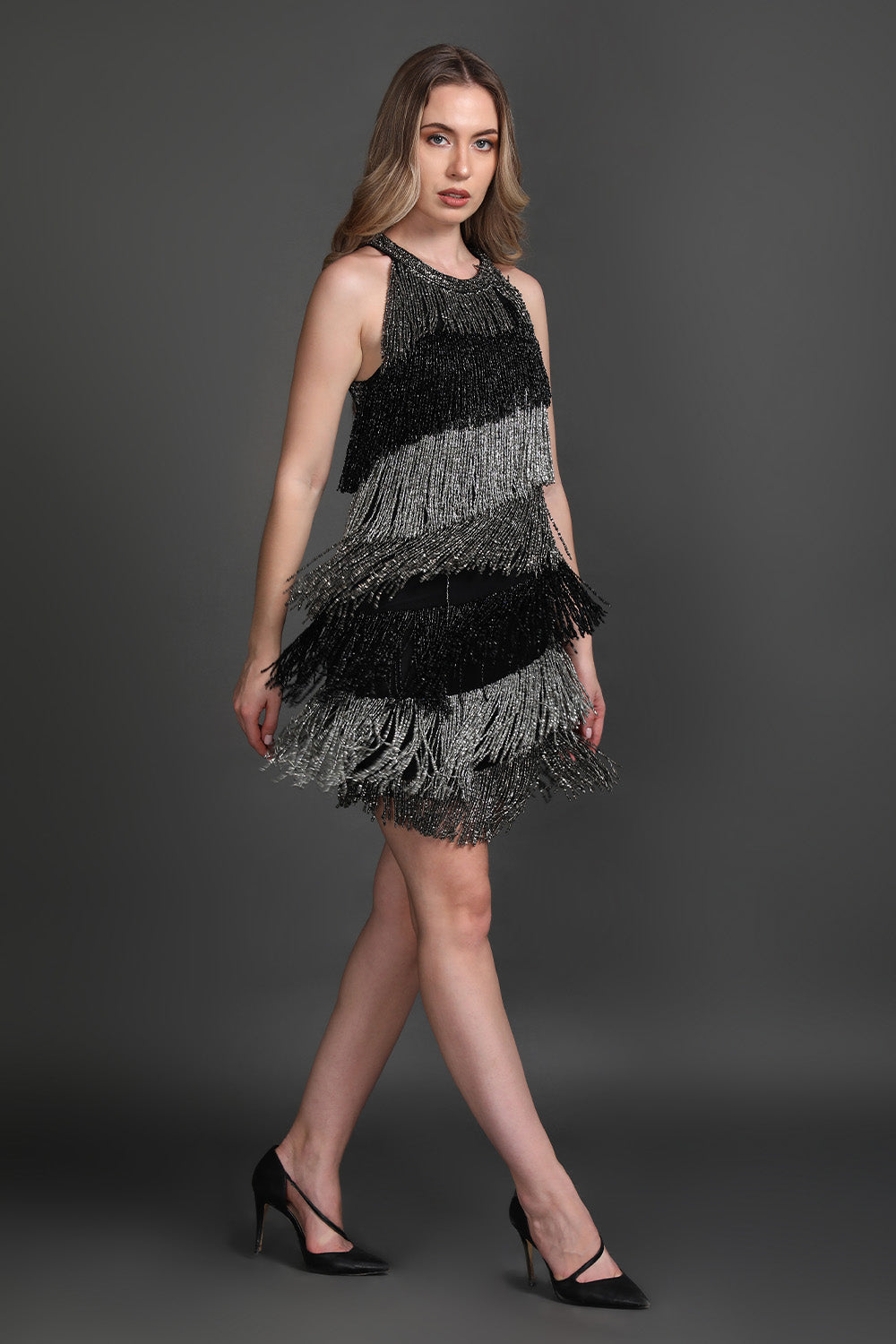 Halter Neck Black and SilverTassel Dress