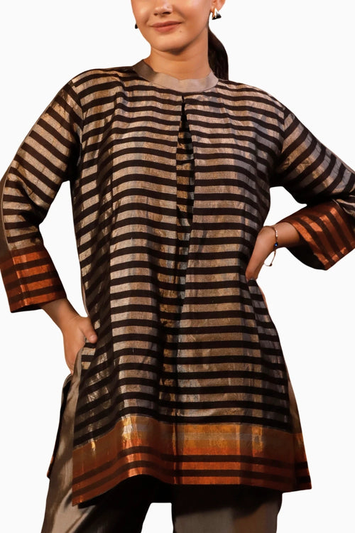 Dhun Patch Zari Multi Stripe High Neck Kurta Set