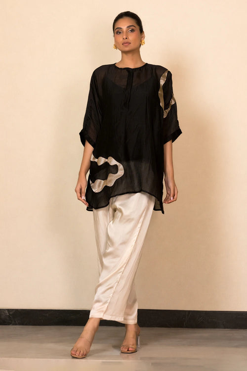 Black Asymmetrical Patch Shirt Set