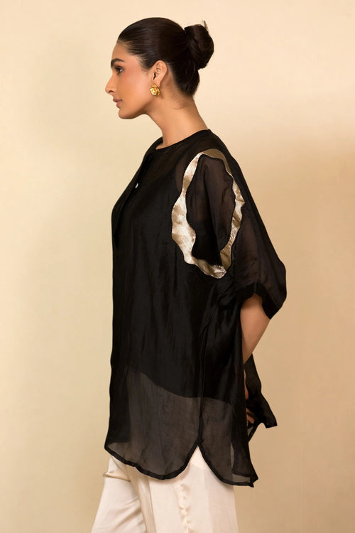Black Asymmetrical Patch Shirt Set