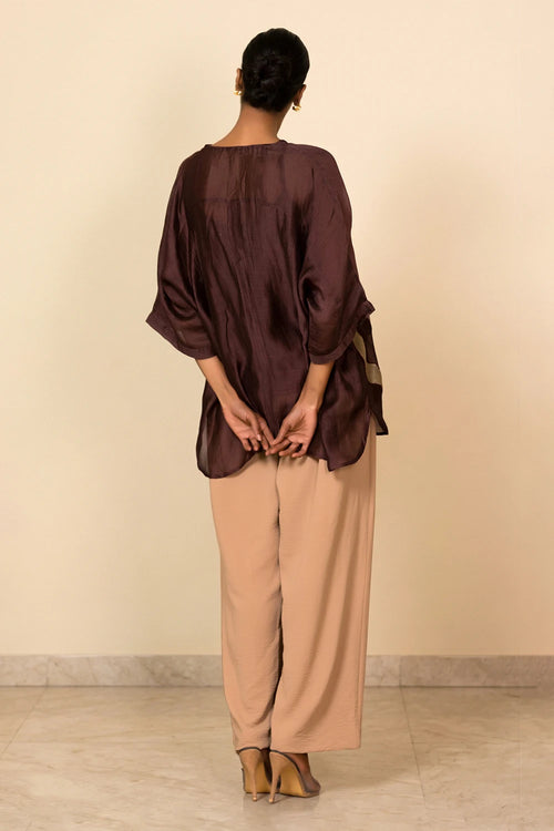Brown Asymmetrical Patch Shirt Set