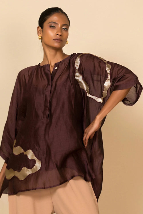 Brown Asymmetrical Patch Shirt Set