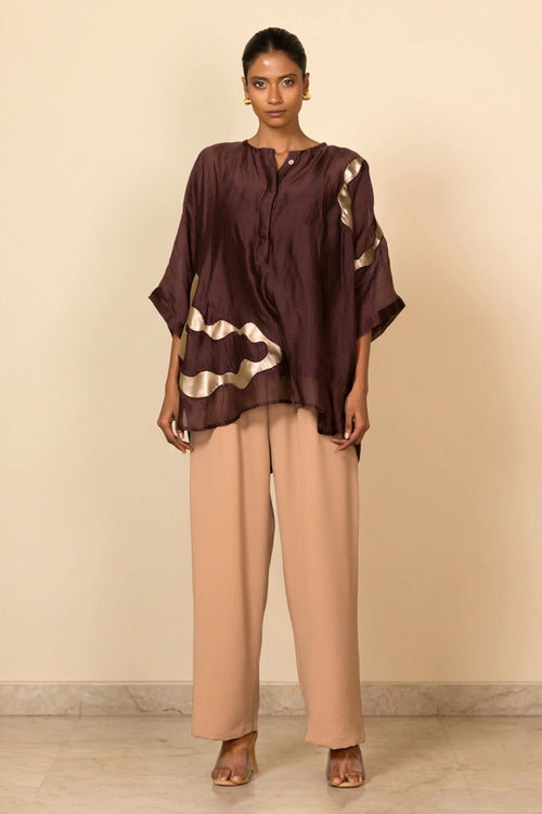 Brown Asymmetrical Patch Shirt Set