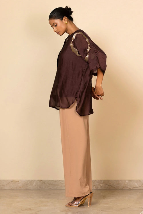 Brown Asymmetrical Patch Shirt Set
