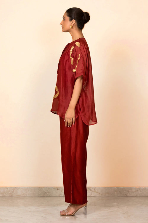 Red Asymmetrical Patch Shirt Set