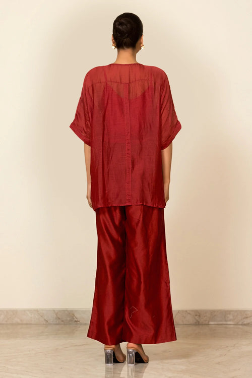 Red Asymmetrical Patch Shirt Set