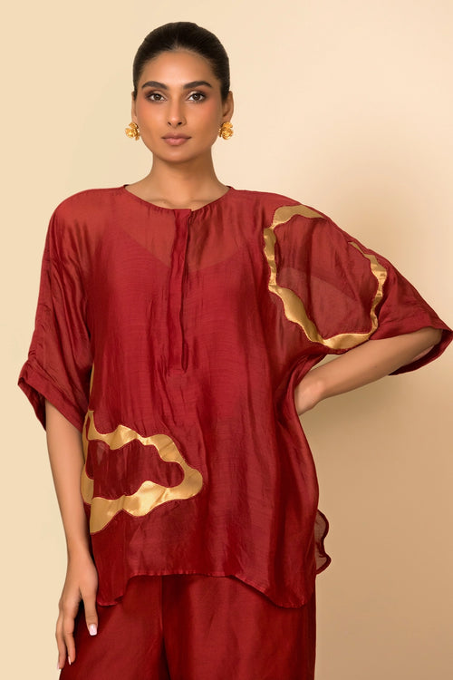 Red Asymmetrical Patch Shirt Set