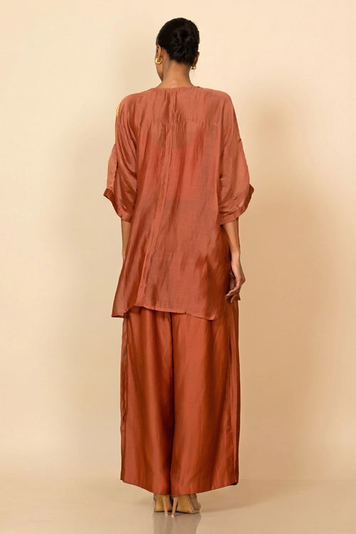 Rust Asymmetrical Patch Shirt Set