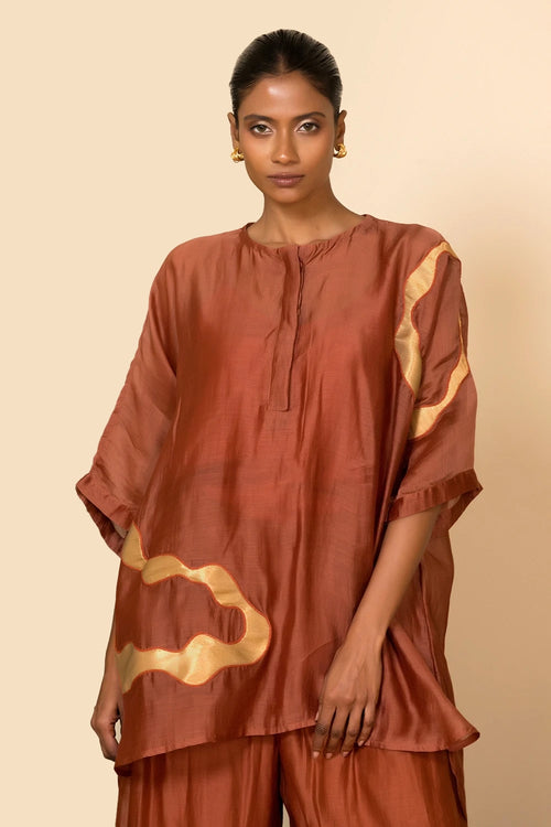 Rust Asymmetrical Patch Shirt Set