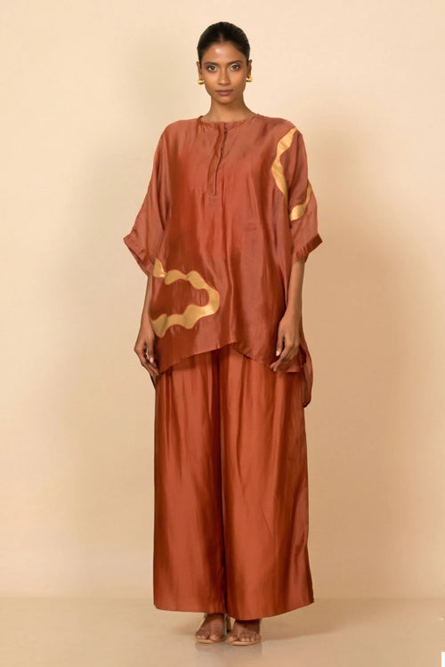 Rust Asymmetrical Patch Shirt Set