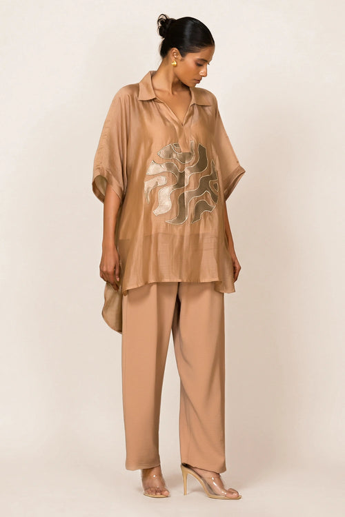Beige Centre Patch Shirt Set
