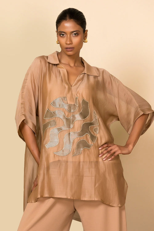 Beige Centre Patch Shirt Set