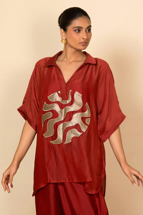 Red Centre Patch Shirt Set
