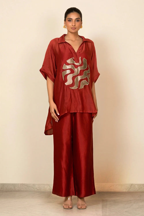 Red Centre Patch Shirt Set