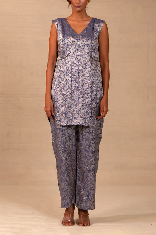 Eeda Deep Blue Silk Brocade Co-ord Set